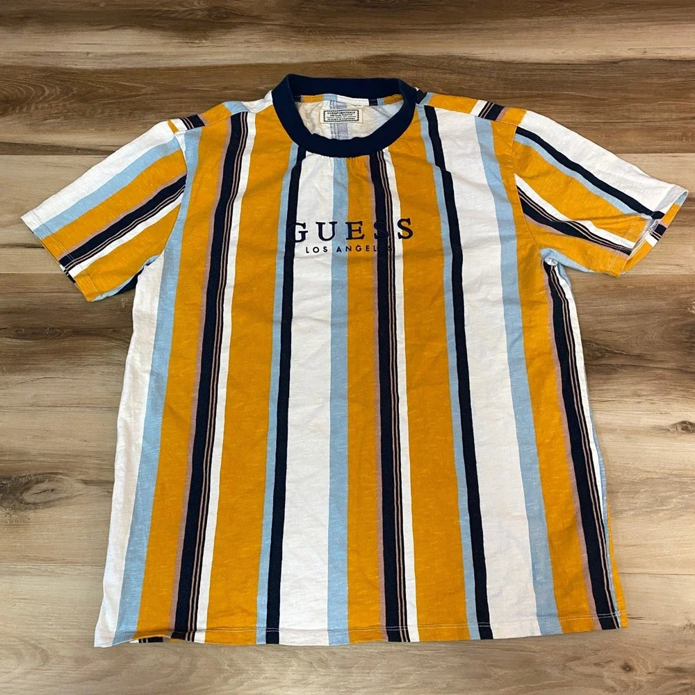 Guess Originals Los Angeles Striped T-Shirt Mens Medium Yellow Blue M91P98R5DD5 - Picture 1 of 9